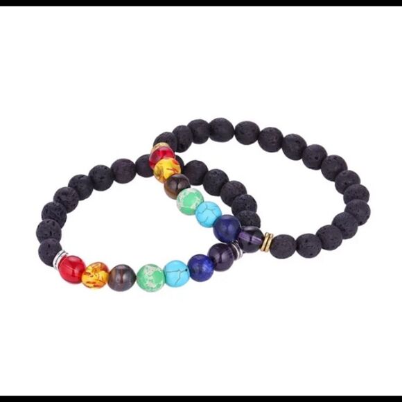Set of (2) Essential Oil Diffuser Chakra / Black Lava Rock Stone Bead Bracelets - Picture 2 of 9